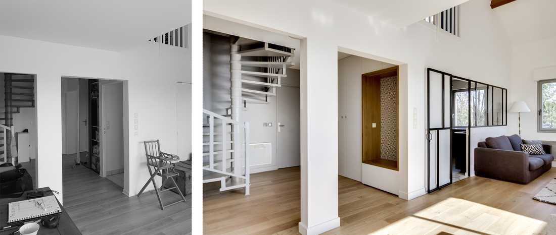 Avant après : séparation de la cuisine et du salon par une verrière