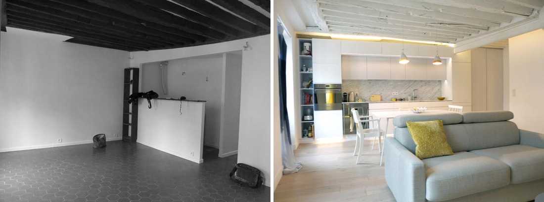 Photo avant - après d’un salon aménagé par un décorateur d'interieur en Alsace