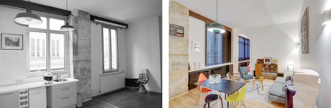 Photo avant-après de la rénovation du salon d'un appartement à Strasbourg